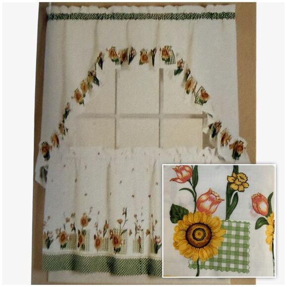 Vintage Sunflower Gingham Kitchen Curtain Cafe Curtains - Picture 1 of 8
